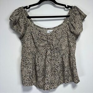 Japna | Leopard Print Peasant Top | Shirred Back | Size L